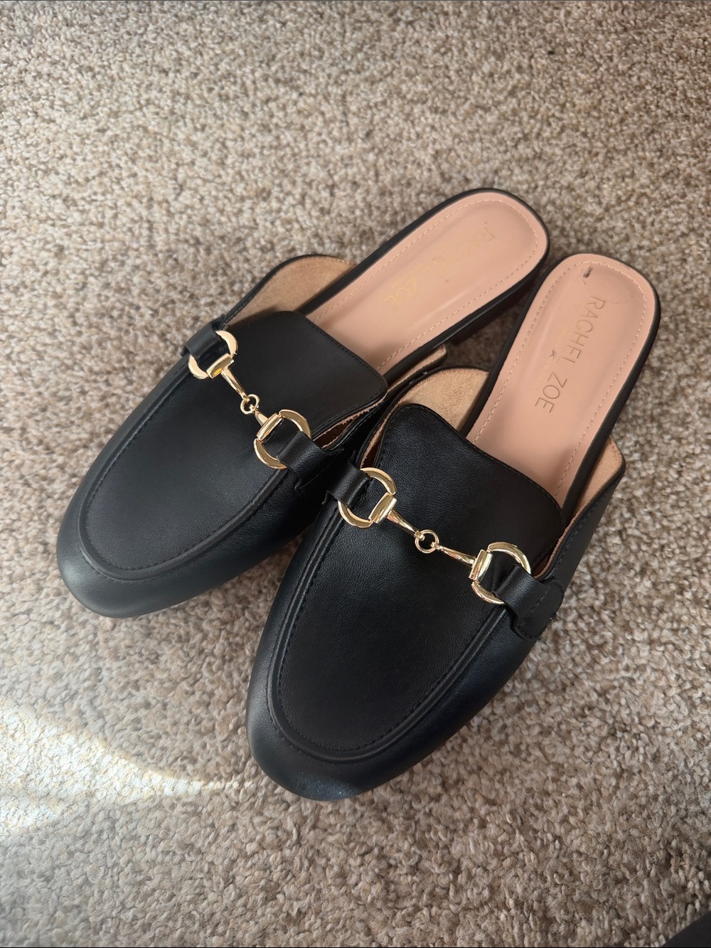 Rachel Zoe Black Leather Mules with Gold Horsebit Accent